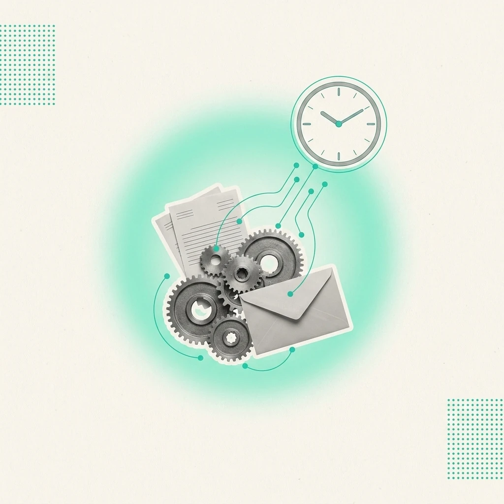 Illustration de l'automatisation des tâches administratives : documents, rouages et emails reliés vers un gain de temps