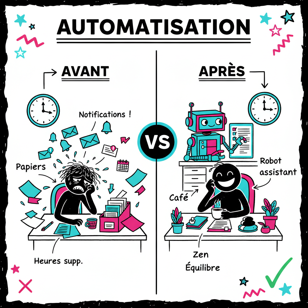 Avant/après automatisation : d'une charge mentale écrasante à un quotidien libéré