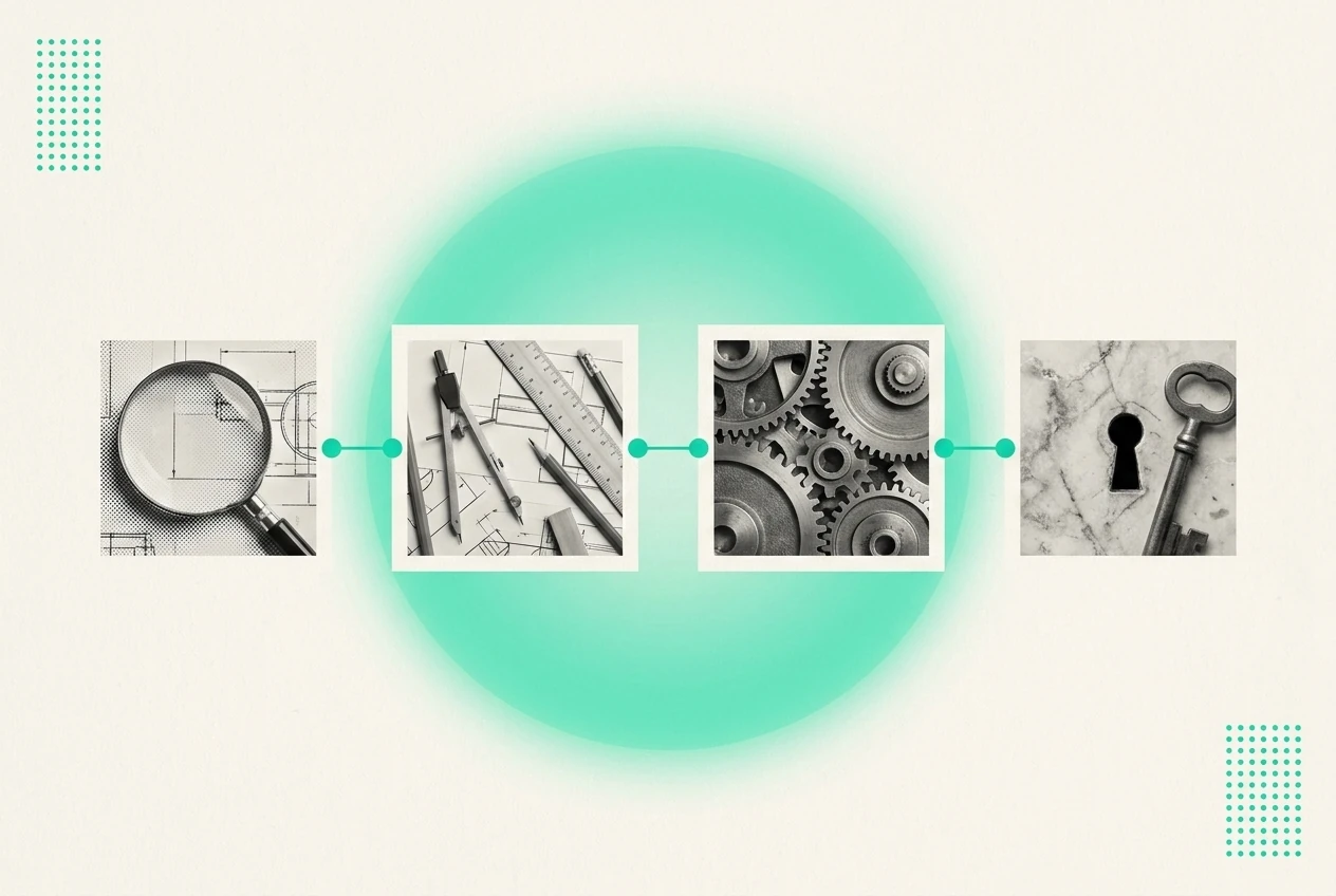 Illustration des 4 étapes d'une automatisation : audit, design du workflow, mise en place, transfert