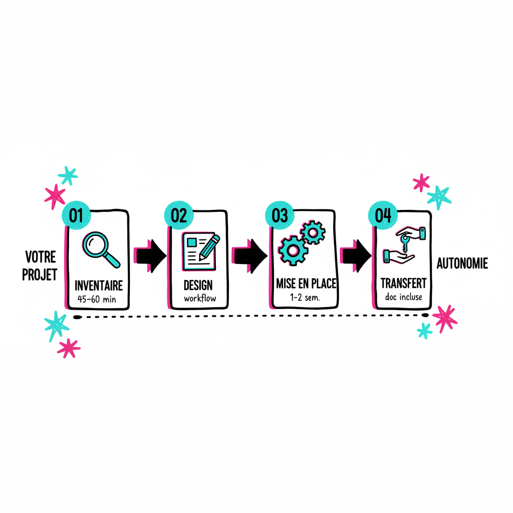 Les 4 étapes de mise en place d'une automatisation : audit, design, implémentation, transfert