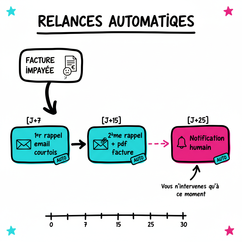 Workflow automatisé de relance de paiement : emails automatiques à J+7 et J+15, notification manuelle à J+30
