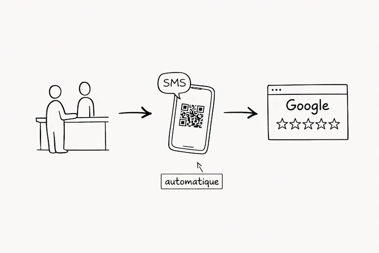 Flux automatisé : client en caisse, SMS automatique envoyé, avis Google déposé