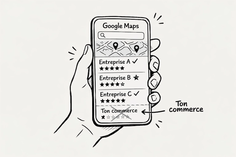 Résultats Google Maps montrant 3 entreprises visibles et ton commerce invisible en bas de liste