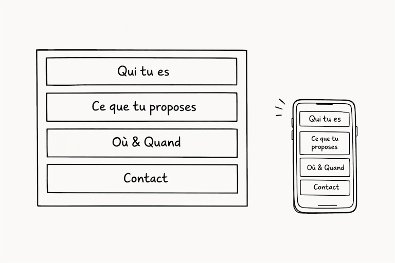 Structure d'un site one-page : Qui tu es, Ce que tu proposes, Où et Quand, Contact — version desktop et mobile