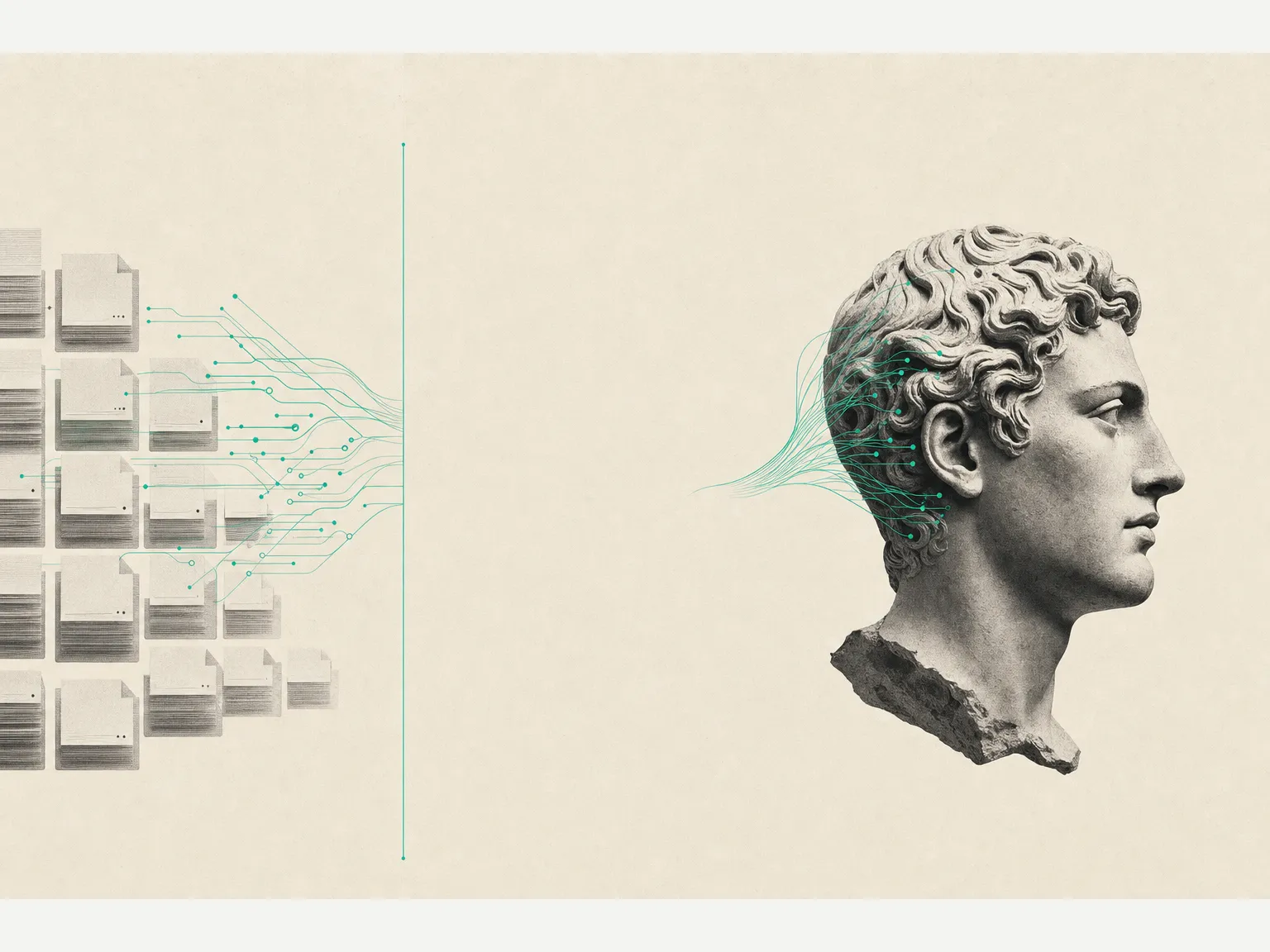 Illustration conceptuelle d'un agent IA en PME romande : à gauche des circuits trient des documents répétitifs, à droite une tête de statue antique garde le jugement humain