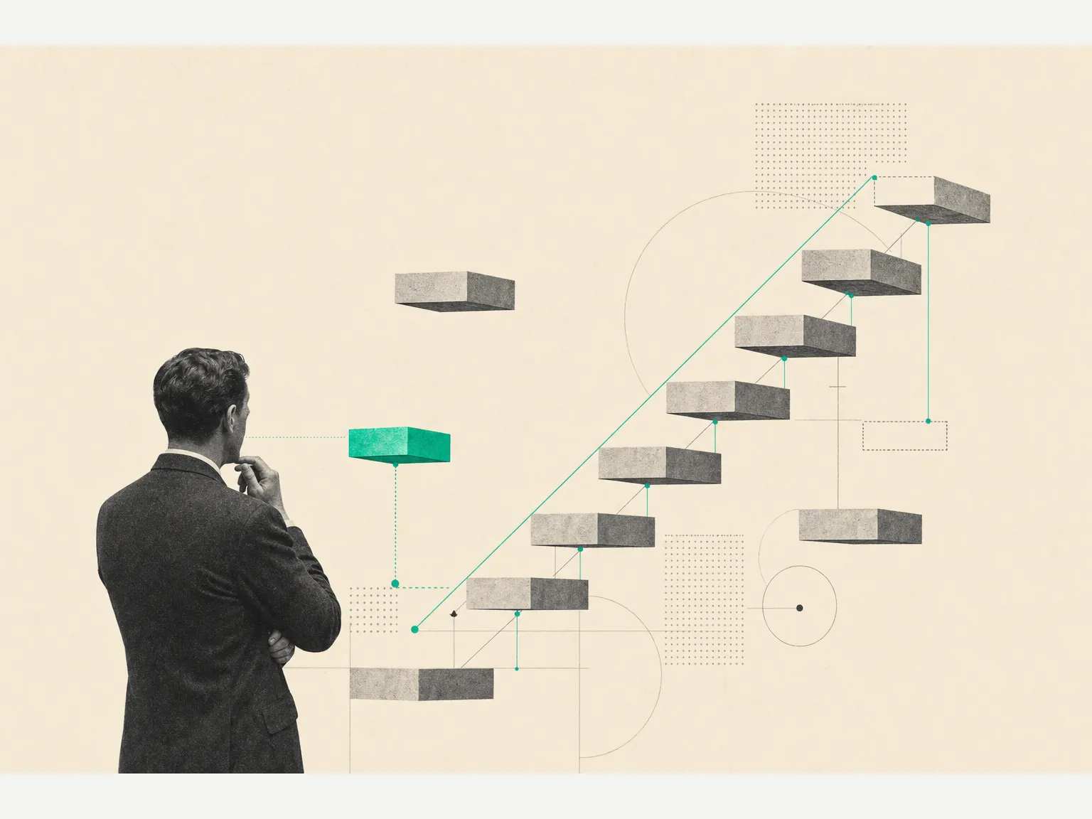 Illustration conceptuelle du cadrage méthodique d'un projet d'agent IA : une figure observe une structure de blocs qui s'assemblent pas-à-pas, étape par étape