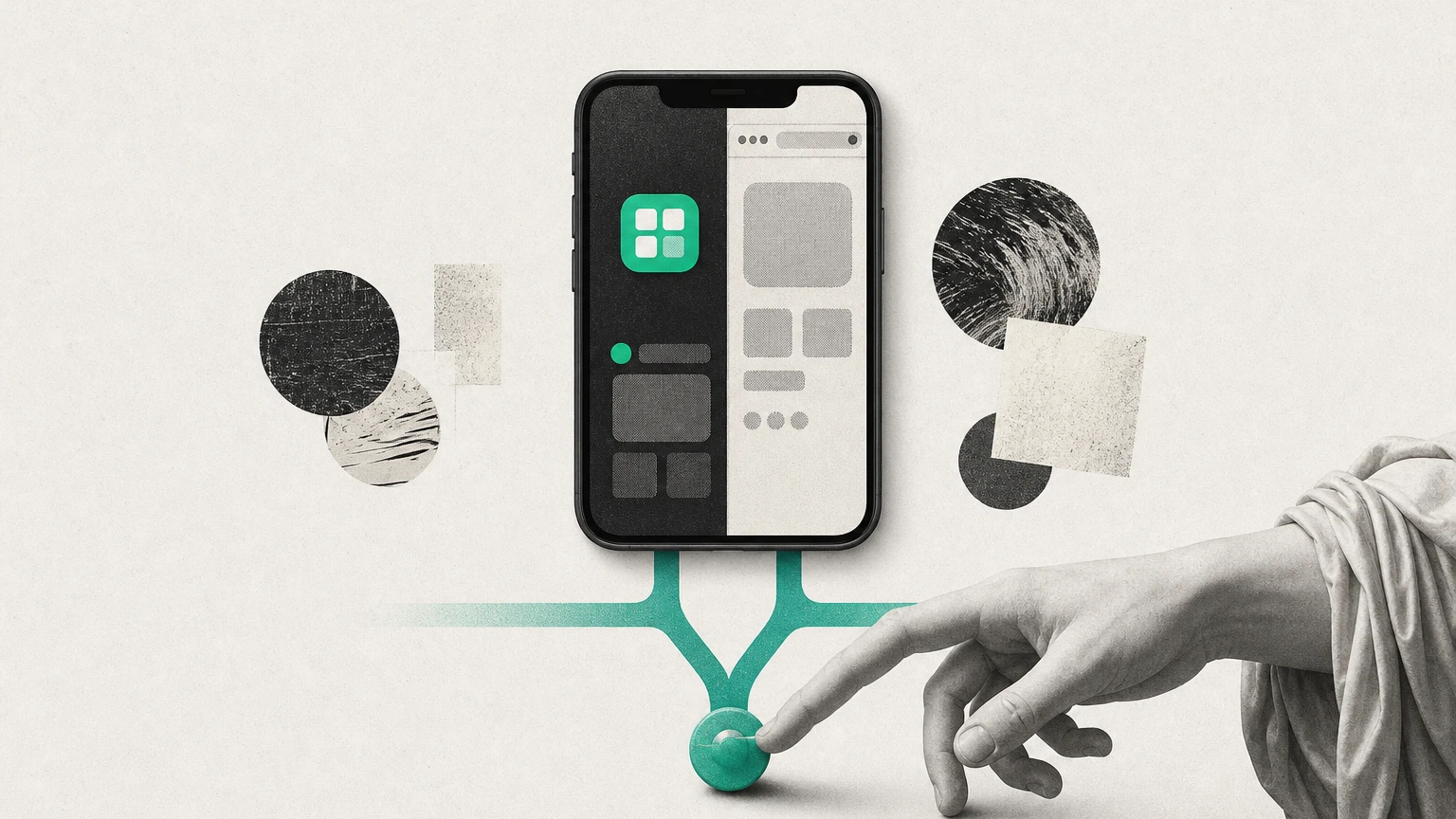 Illustration éditoriale : un smartphone partagé entre une application installée et un navigateur web, aiguillage vert, main de statue antique, DA jonlabs