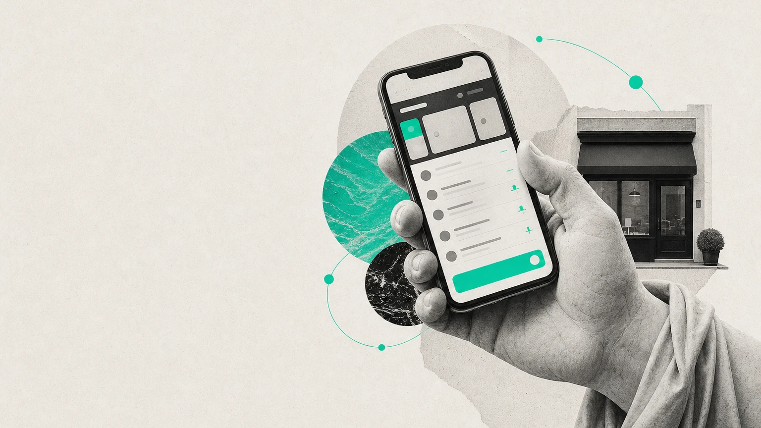 Illustration éditoriale : main de statue antique tenant un smartphone avec une application métier de PME, devanture de commerce en arrière-plan, accent vert, DA jonlabs