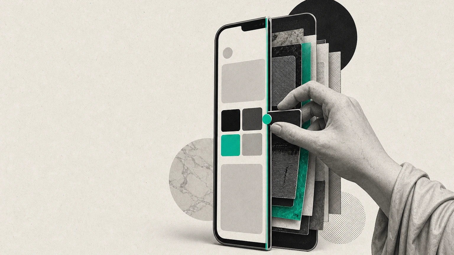 Illustration éditoriale : smartphone coupé entre une construction native pleine et des couches hybrides empilées, accent vert, main de statue antique, DA jonlabs