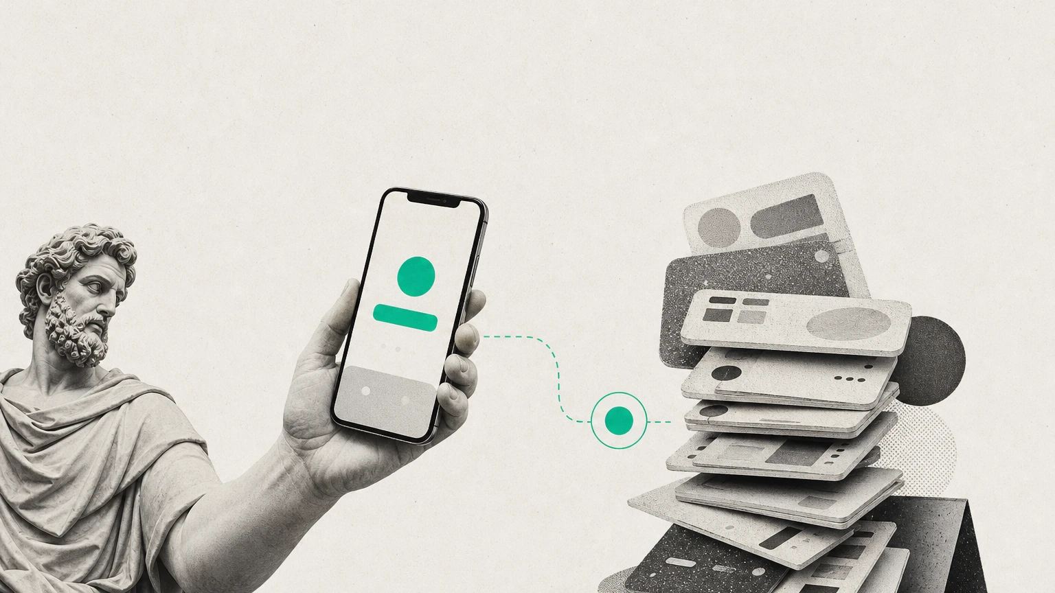 Illustration éditoriale : buste de statue antique tenant un smartphone réduit à une seule fonction essentielle verte, fonctionnalités supplémentaires mises de côté, DA jonlabs