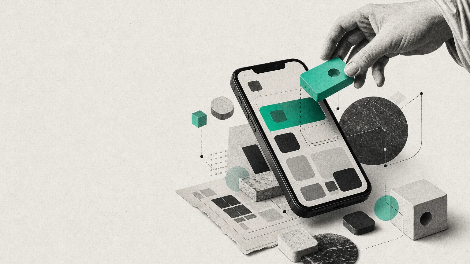 Illustration éditoriale : smartphone assemblé à partir de briques modulaires, une brique verte posée par une main de statue antique, DA jonlabs