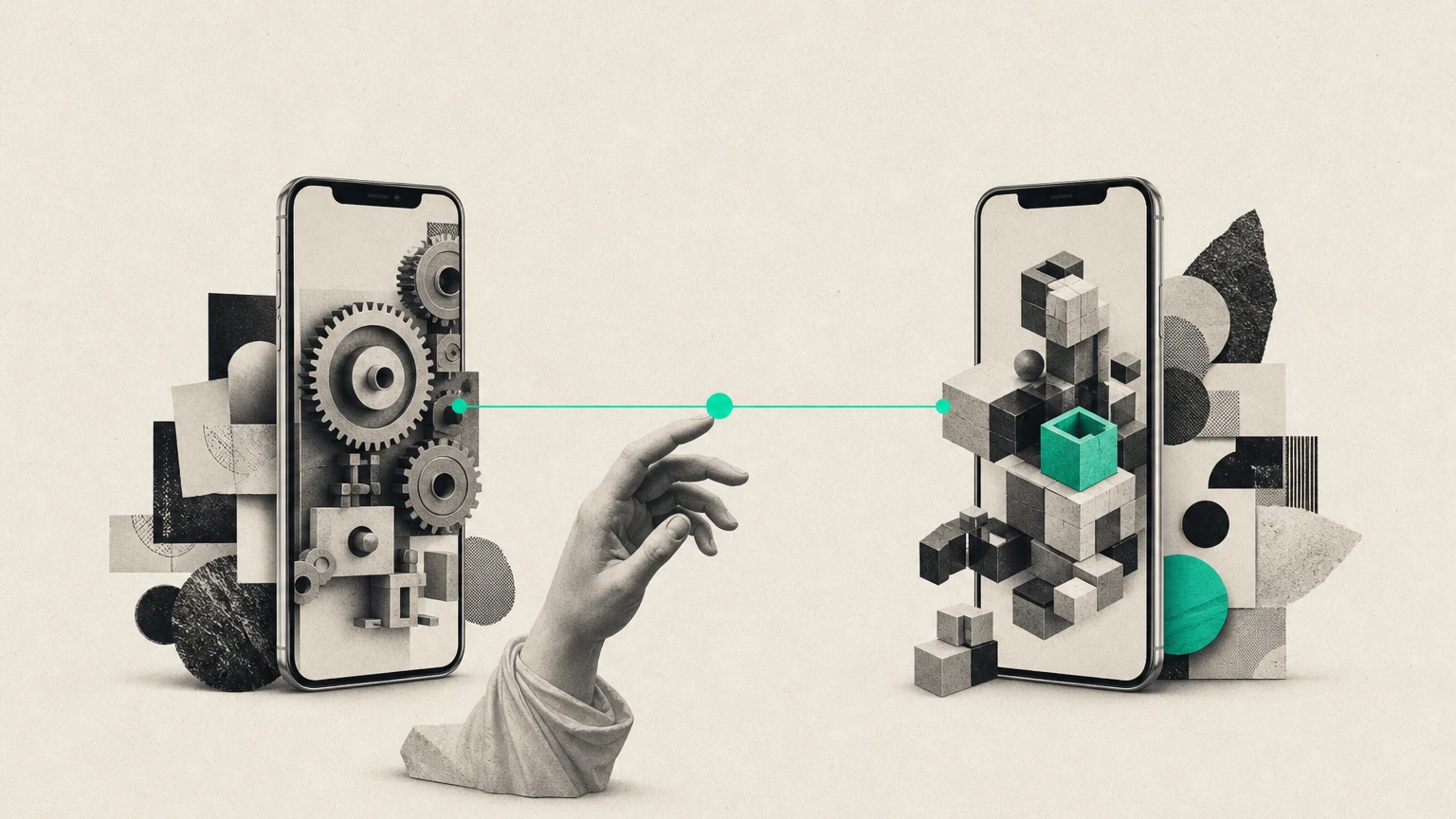 Illustration éditoriale : deux smartphones comparés, chacun animé par un moteur de construction différent, connecteur vert, main de statue antique, DA jonlabs