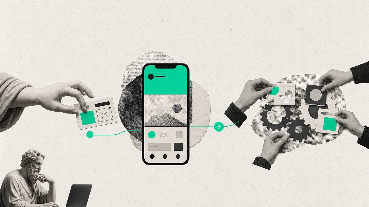 Illustration éditoriale : smartphone en construction entre une main de statue antique (freelance) et un groupe de mains (agence), option directe soulignée en vert, DA jonlabs