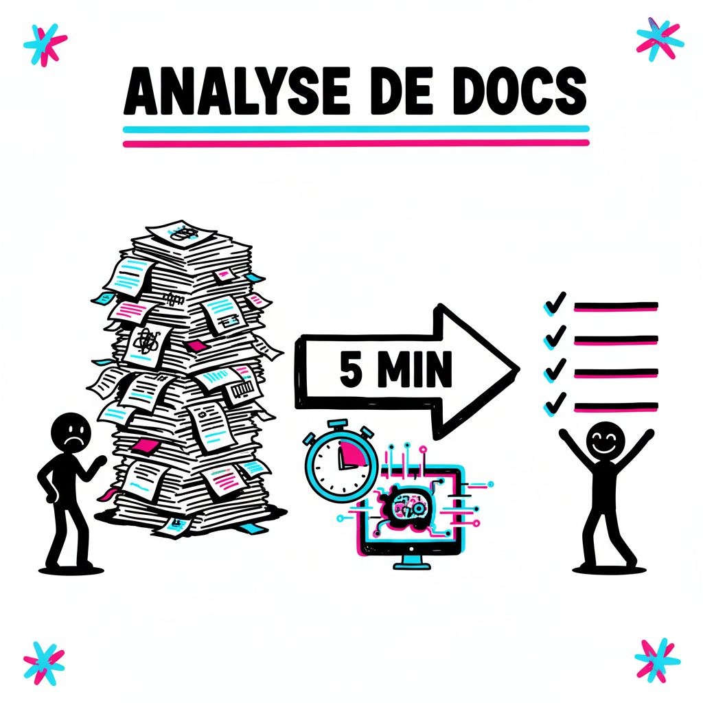 Illustration sketchnote montrant la transformation d'une pile de documents en résumé clair via l'IA en 5 minutes