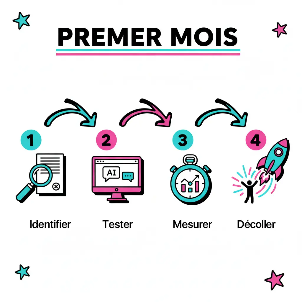 Illustration des 4 étapes du premier mois : Identifier, Tester, Mesurer, Décoller