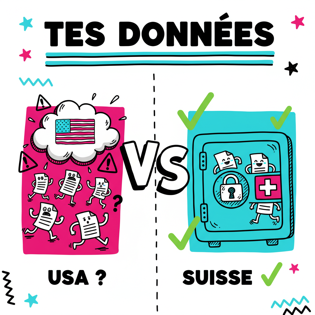 Illustration VS comparant les données envoyées vers le cloud US versus stockées dans un coffre-fort suisse