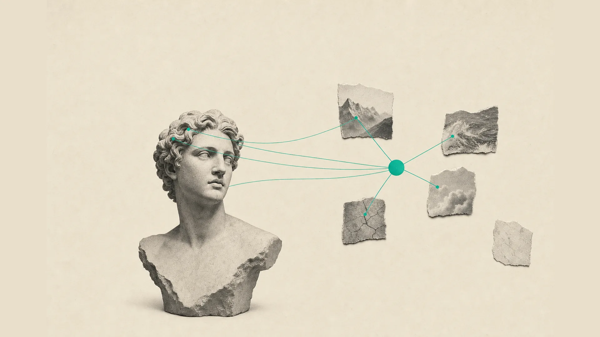 Illustration éditoriale : buste de statue antique reliant site web, réseaux sociaux et fiche Google à une seule entité, DA jonlabs