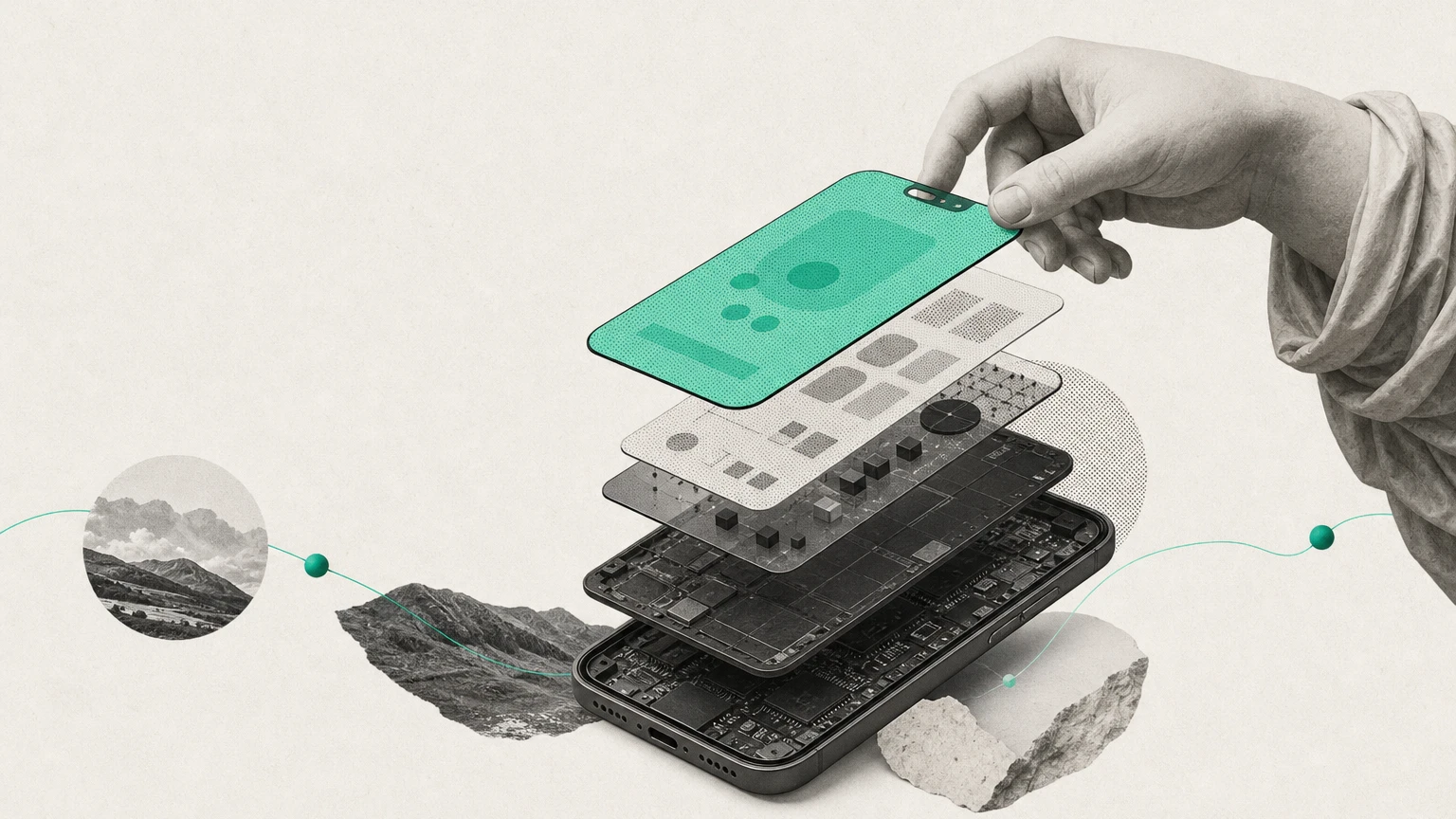 Illustration éditoriale : smartphone éclaté en couches révélant de quoi se compose une application mobile, main de statue antique, accent vert, DA jonlabs