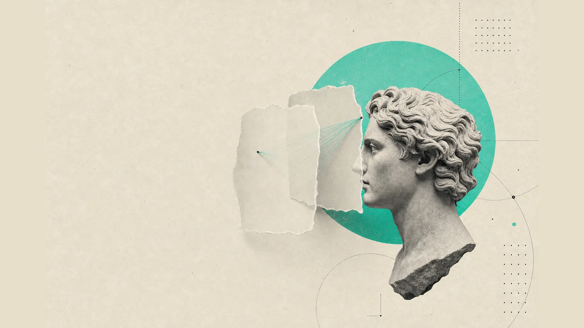 Illustration éditoriale : buste antique face à deux feuilles de rapport superposées, reliées par des fils qui montrent l'écart entre les deux périodes, DA jonlabs