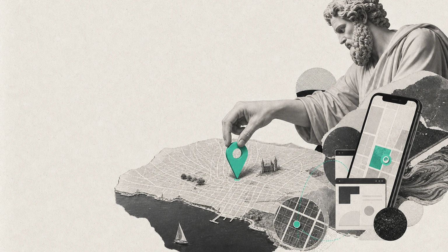 Illustration éditoriale : buste de statue antique plaçant un pin vert sur une carte de la région lausannoise (lac, cathédrale), smartphone avec carte, DA jonlabs