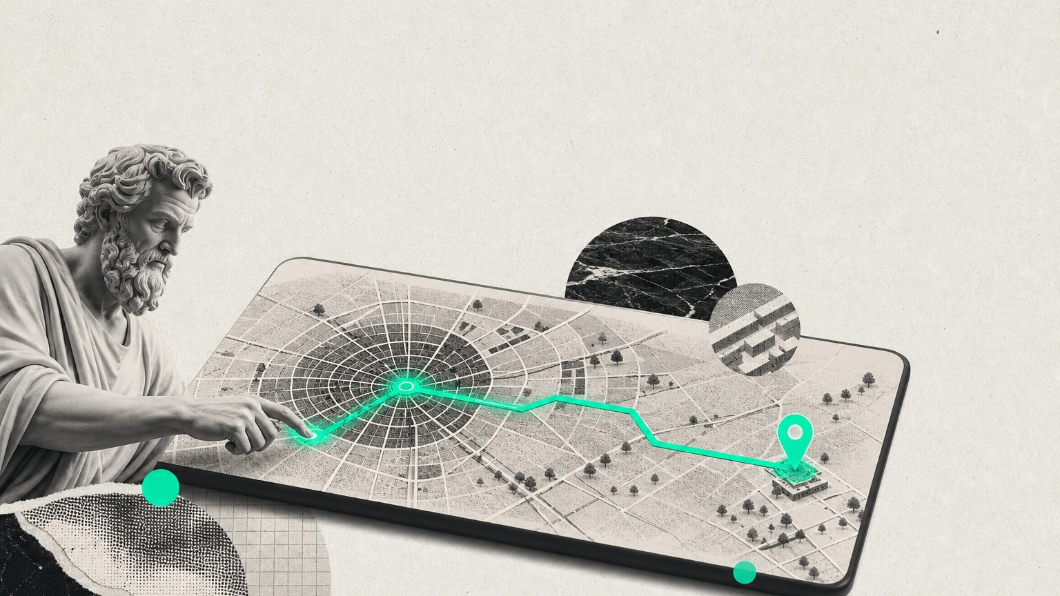 Illustration éditoriale : buste de statue antique traçant un chemin vert du centre-ville vers un commerce excentré marqué d'un pin sur une carte, DA jonlabs