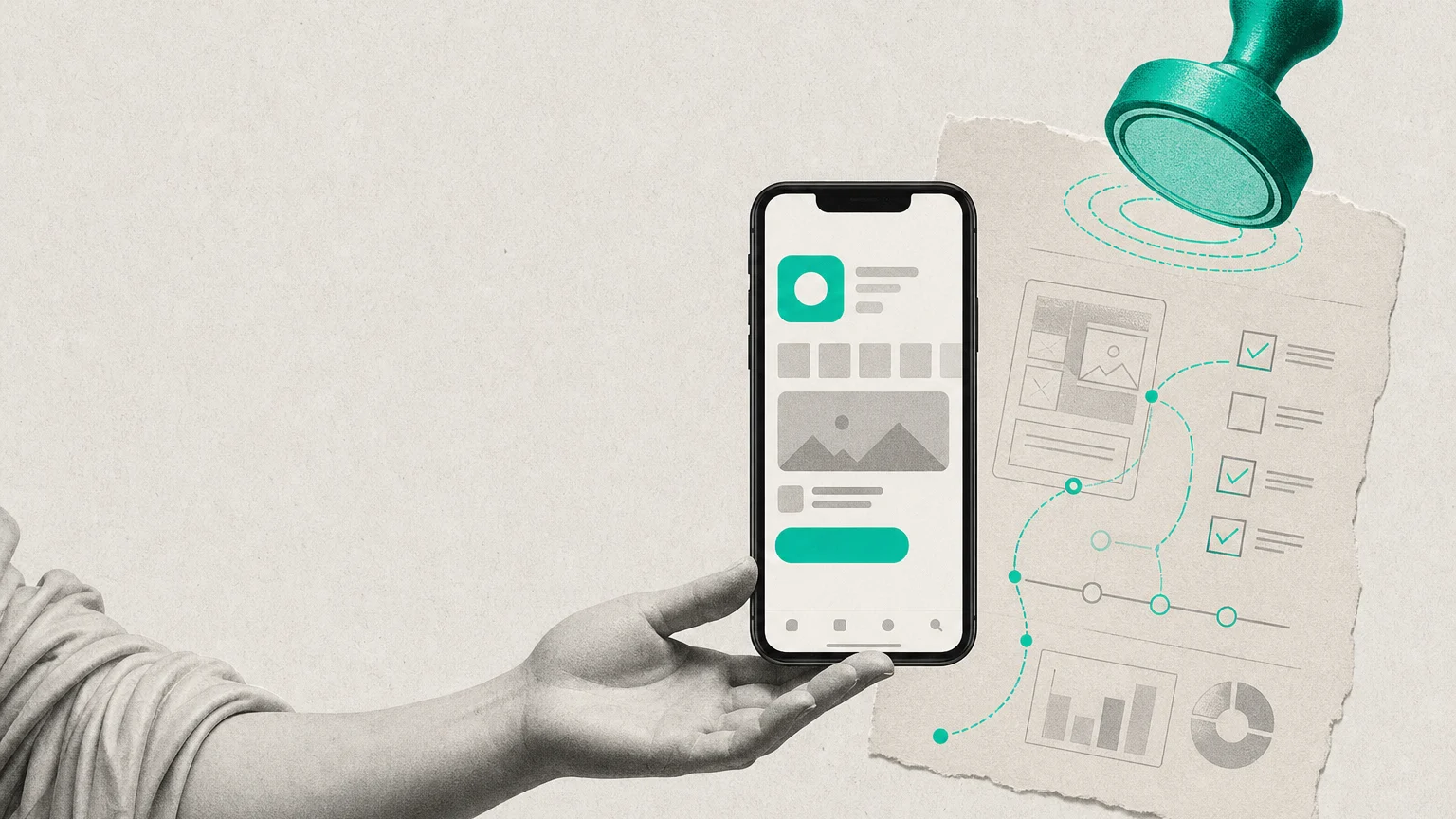 Illustration éditoriale : une main de statue antique tend un smartphone devant une checklist de soumission et un tampon de validation teal, DA jonlabs