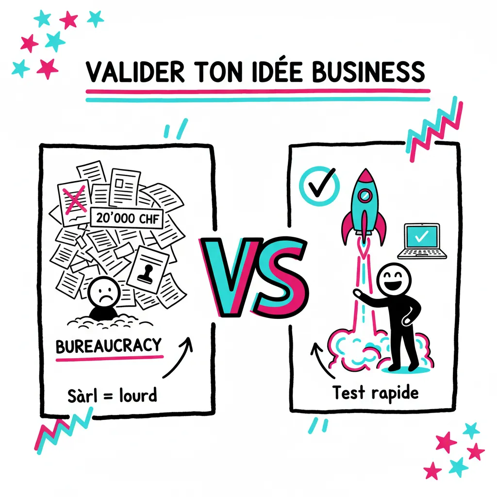 Illustration comparant la création d'une Sàrl complexe versus un test rapide d'idée business