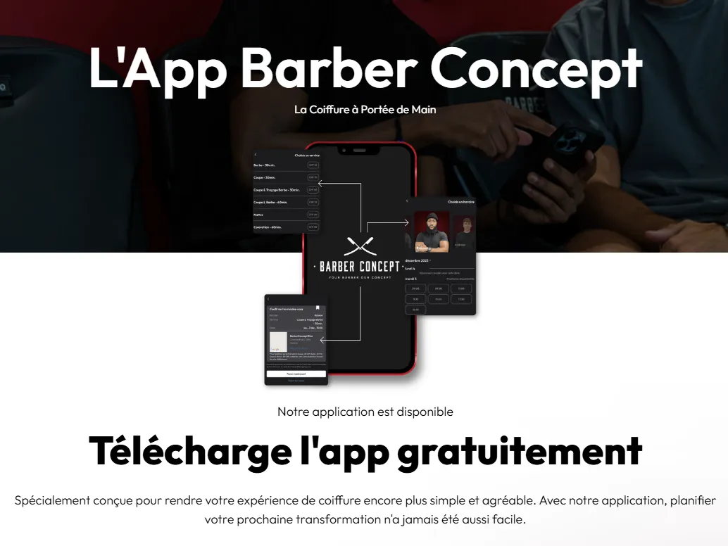 Section app mobile Barber Concept — mockups de l'application de réservation personnalisée