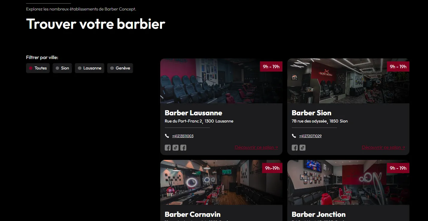Listing des salons Barber Concept avec filtres par ville — Lausanne, Sion, Cornavin, Jonction