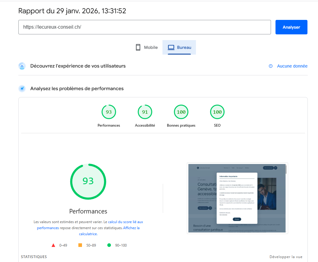 Scores Lighthouse du site Lecureux Conseil