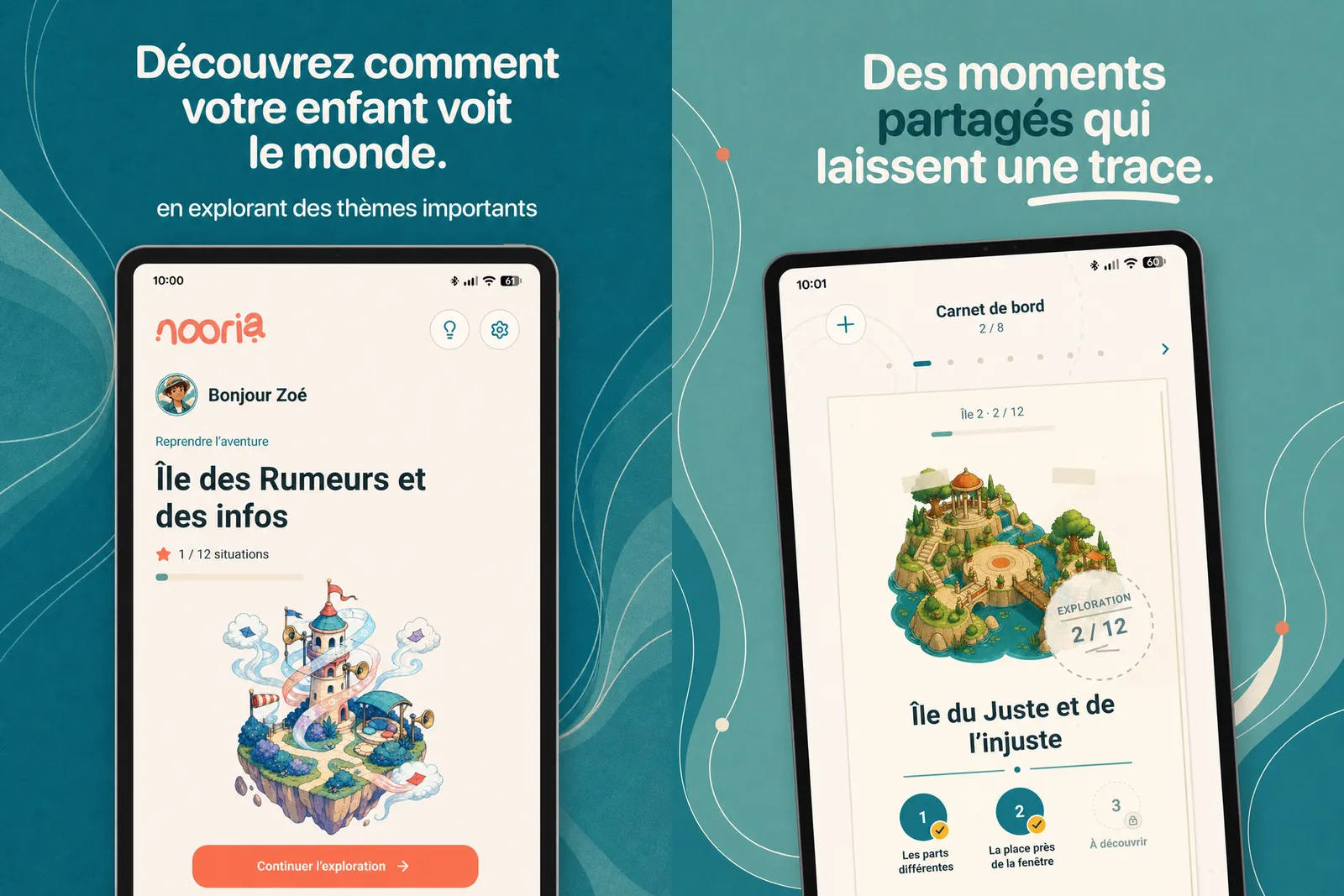 Écran d'accueil Nooria et carnet de bord des missions terminées