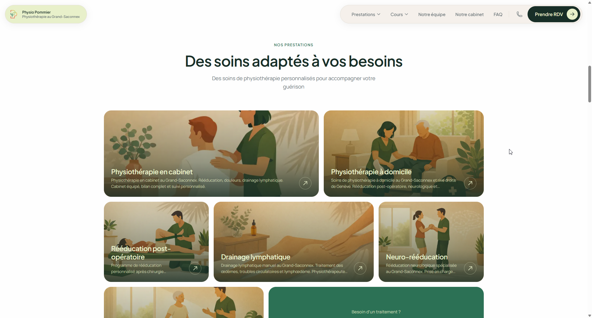 Page prestations Physio Pommier avec grille de services