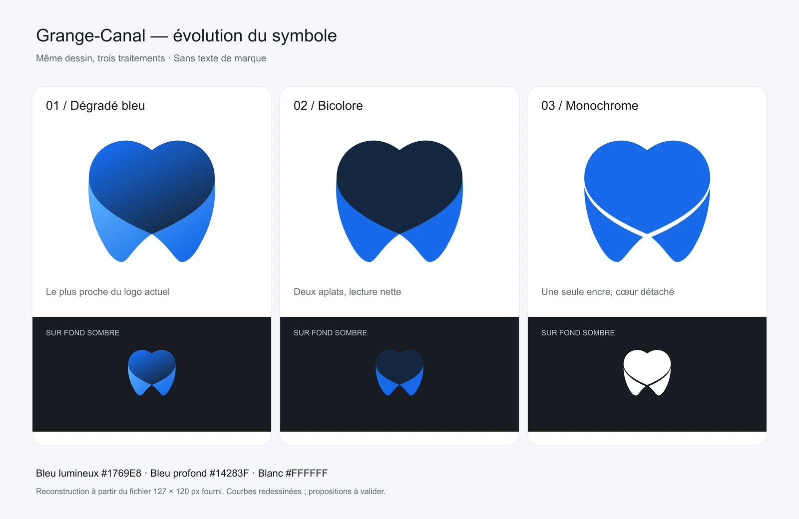 Planche de travail du symbole cœur-dent : dégradé bleu, bicolore et monochrome
