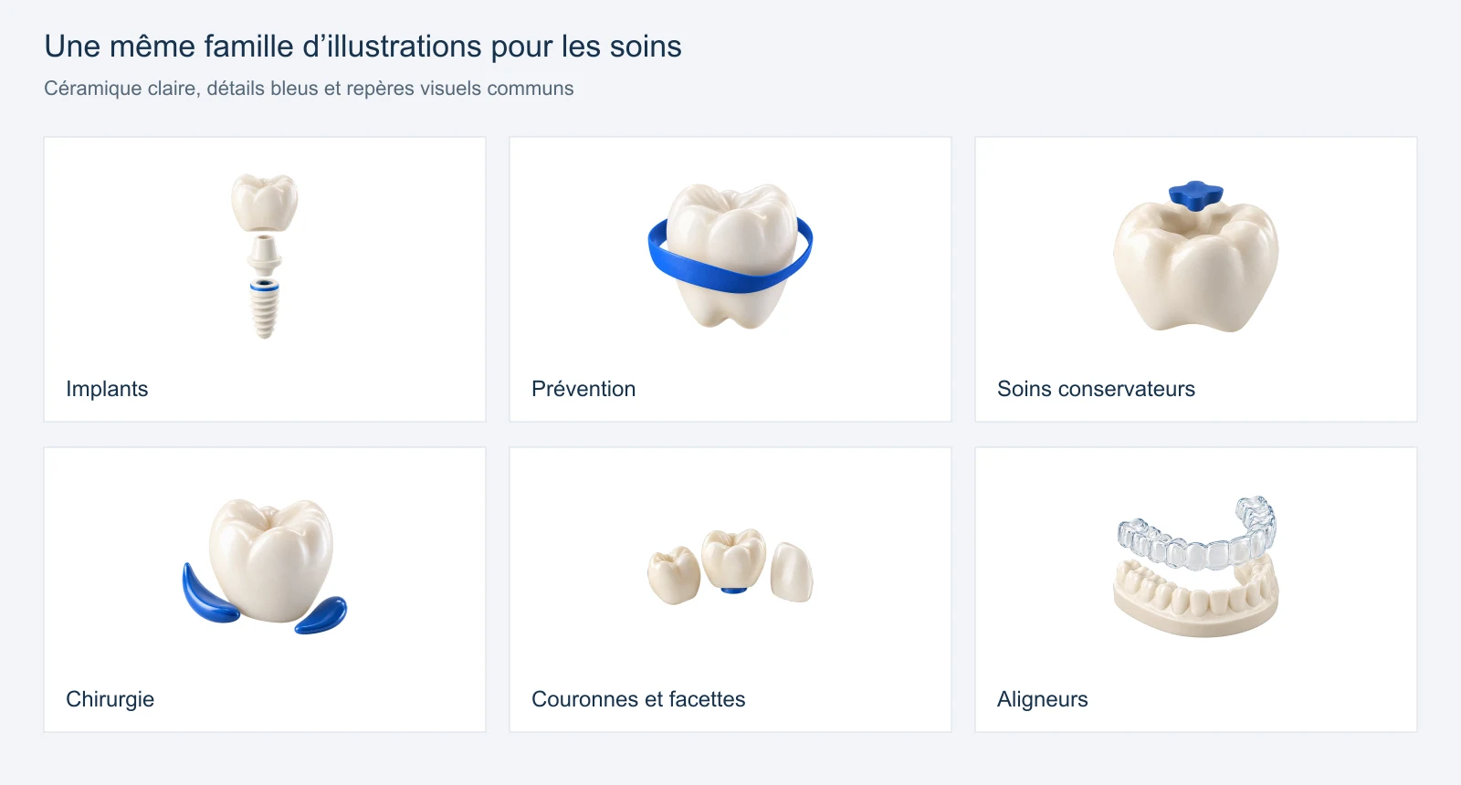 Six illustrations des soins dans un même style céramique : implants, prévention, soins conservateurs, chirurgie, couronnes et aligneurs