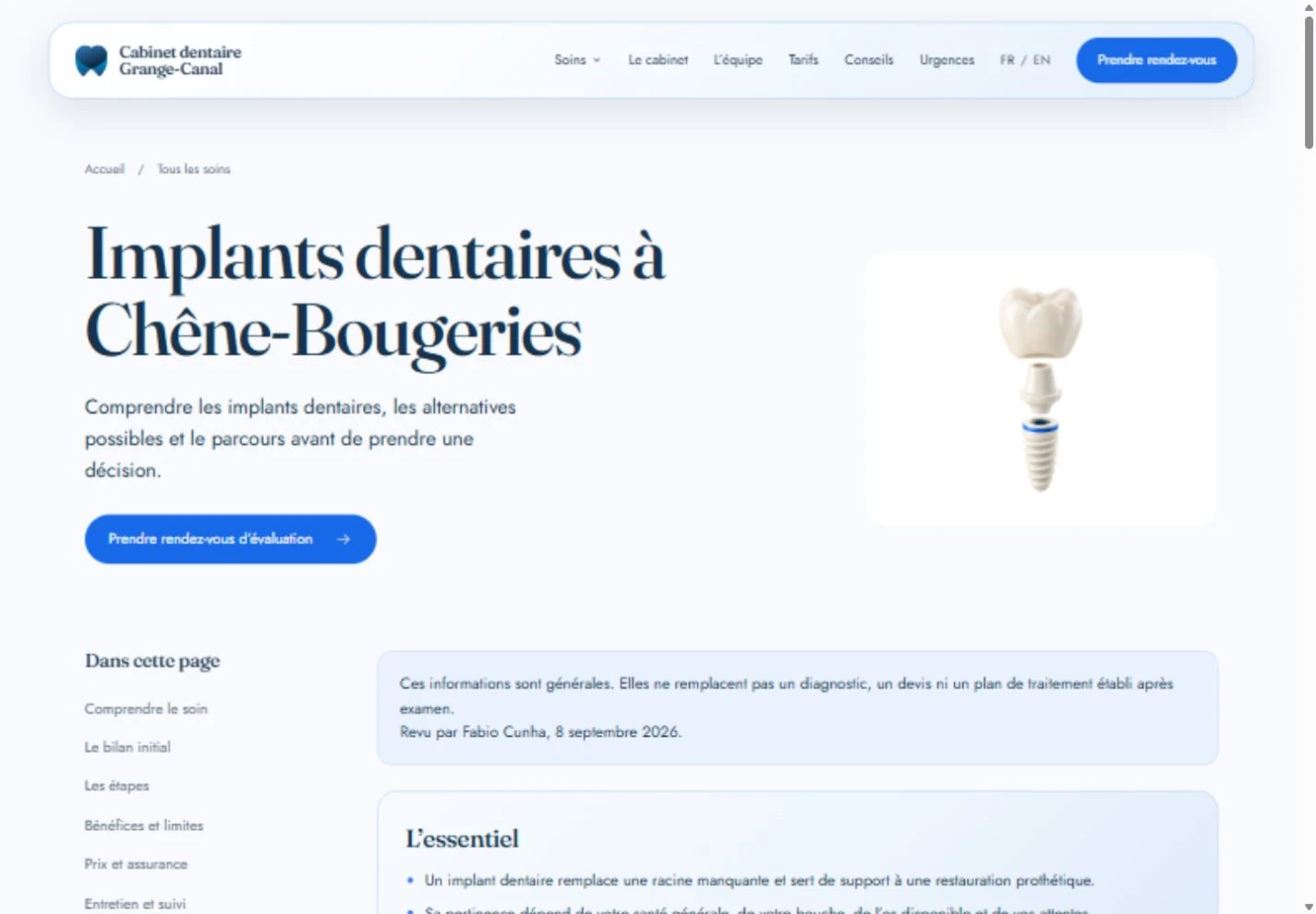 Page implants avec introduction, accès au rendez-vous, sommaire et mention de relecture