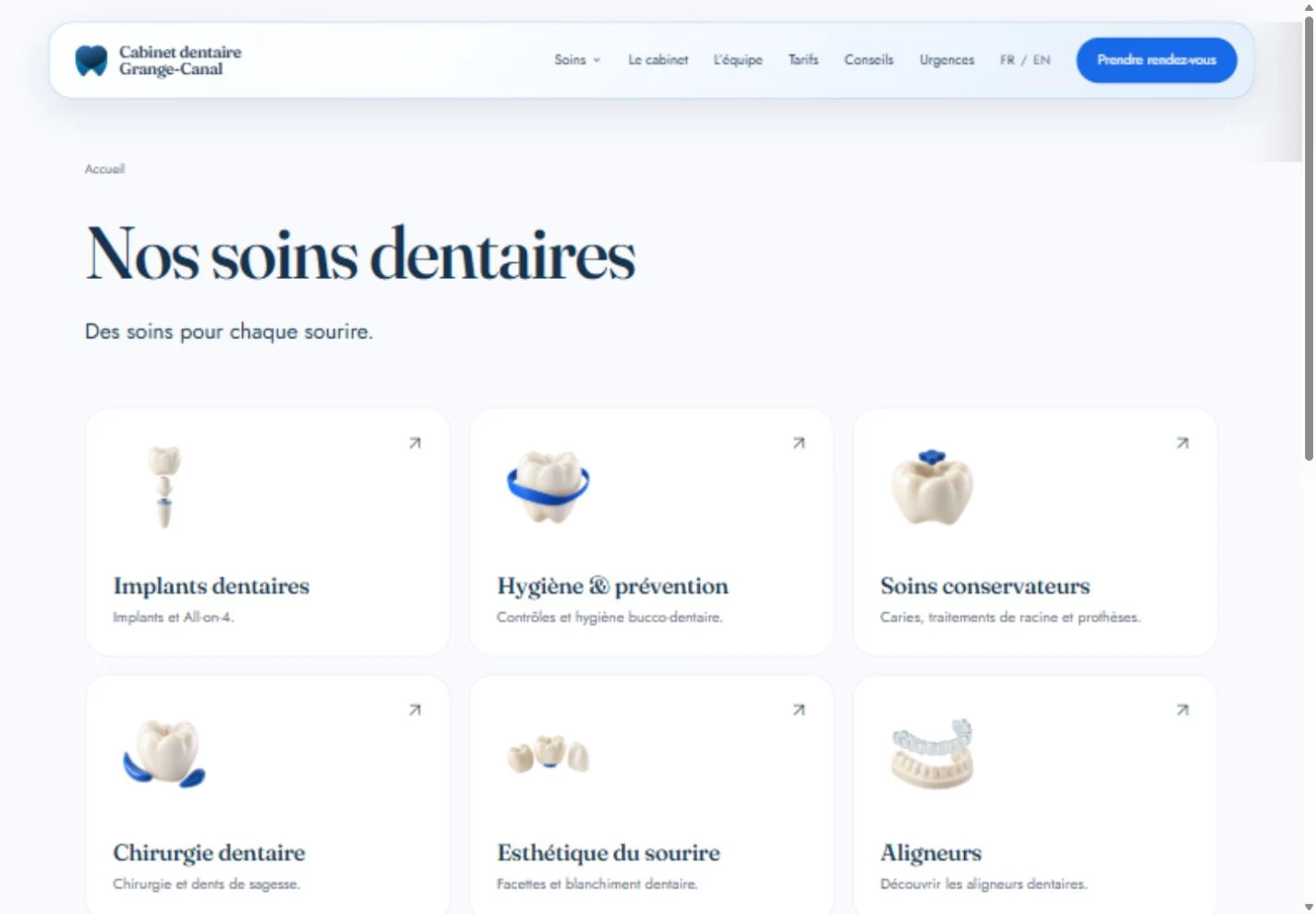 Capture de la page des soins du cabinet, organisée en cartes avec illustrations