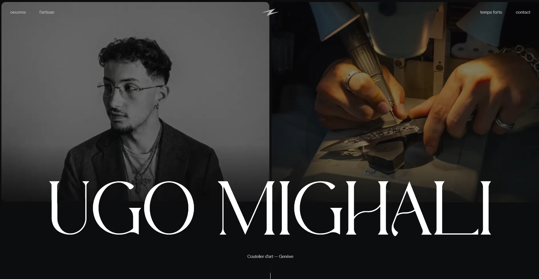 Site portfolio Ugo Mighali - coutelier d'art Genève - hero avec portrait et atelier