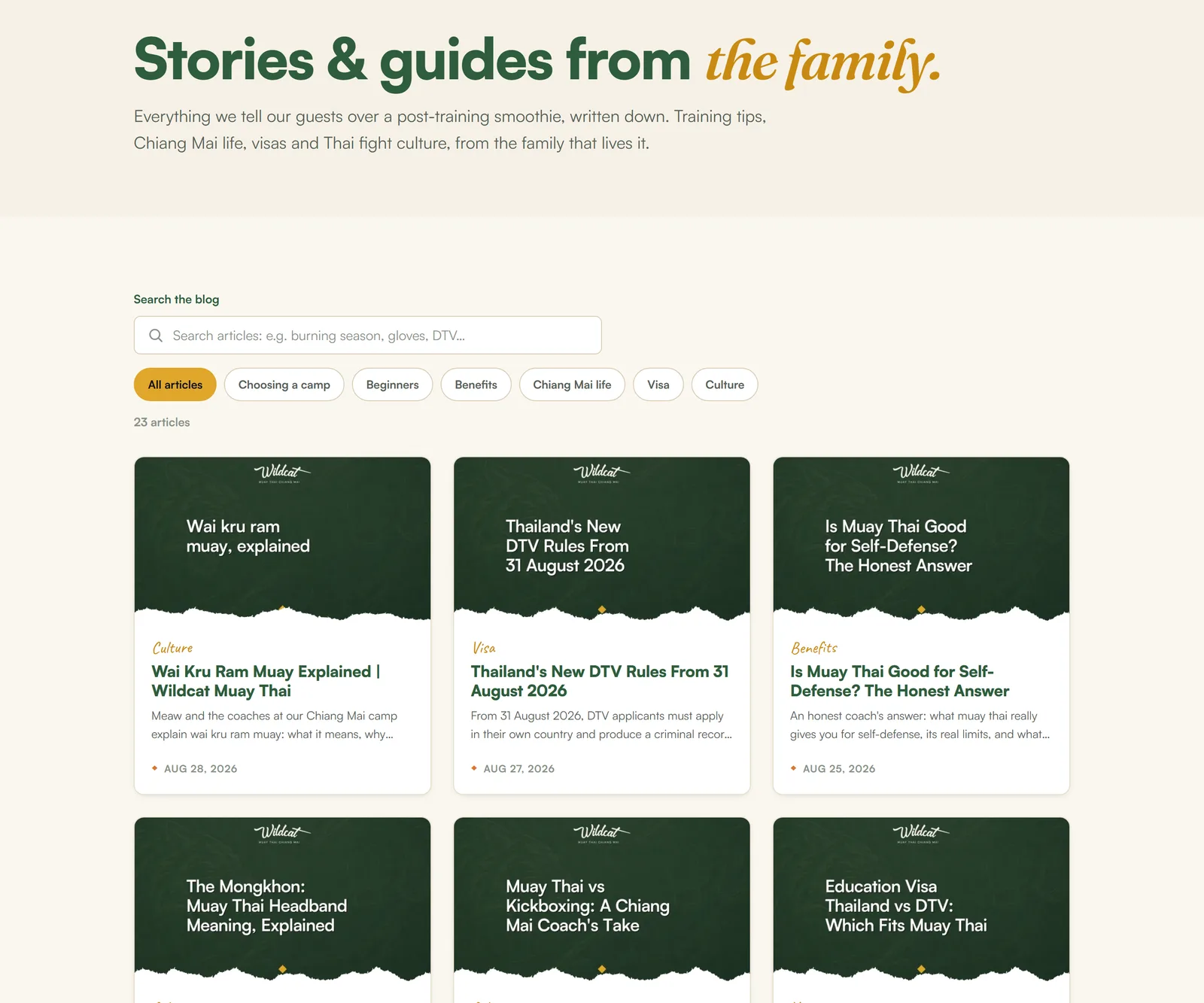 Index du blog Wildcat — recherche, filtres par thème et grille de 23 articles