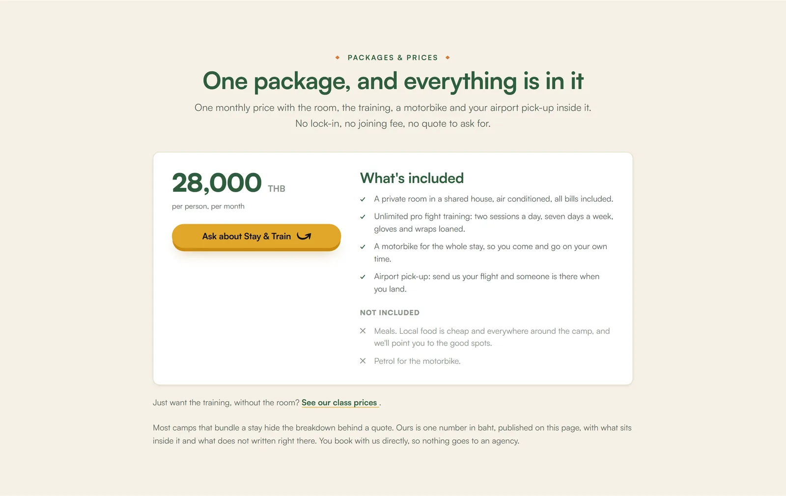 Page Stay & Train — forfait mensuel unique à 28 000 THB avec le détail de ce qui est inclus